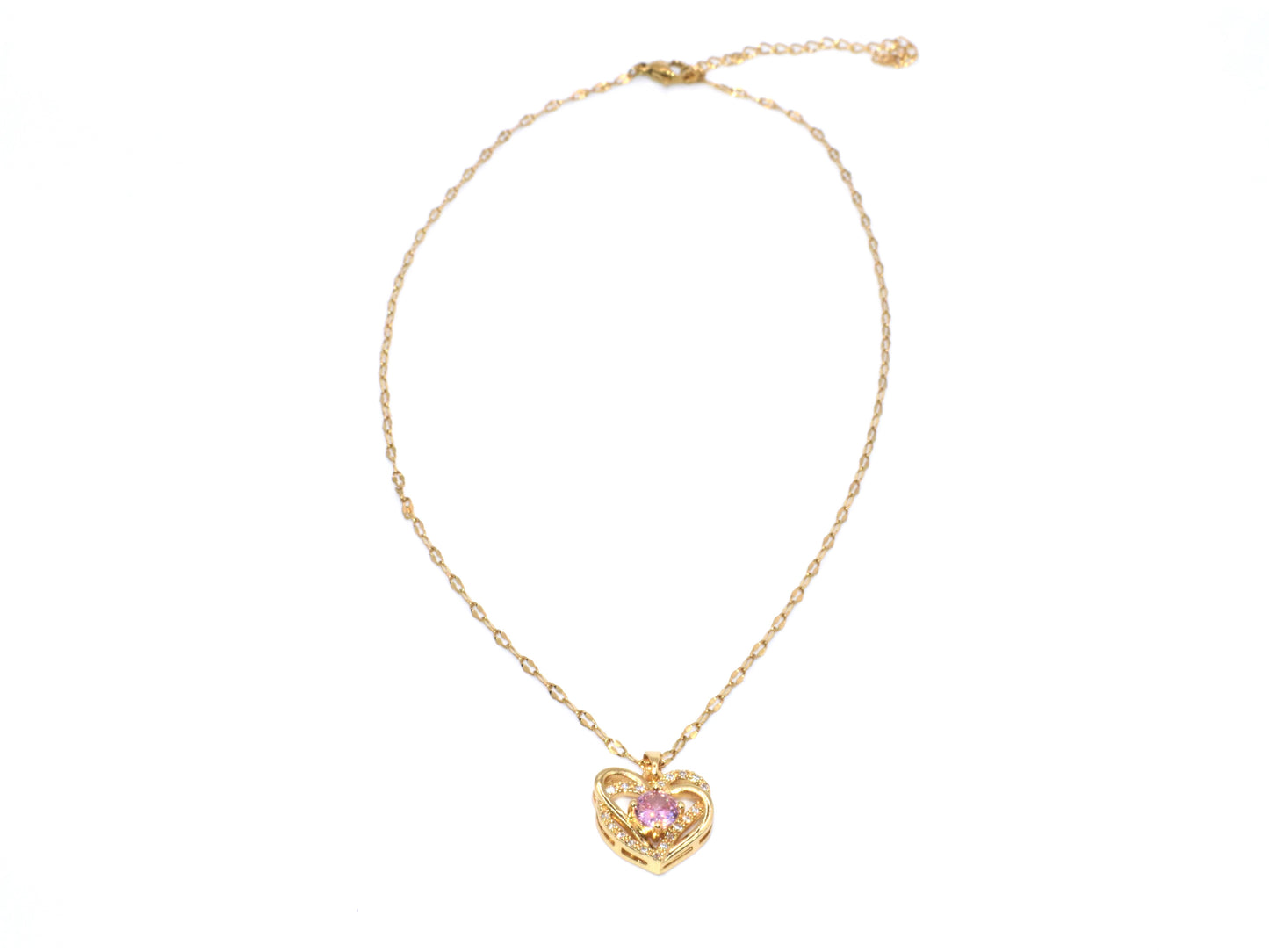 Collana Placcata Oro, con Cuore Ricoperto di Strass e 1 Zircone Rosa
