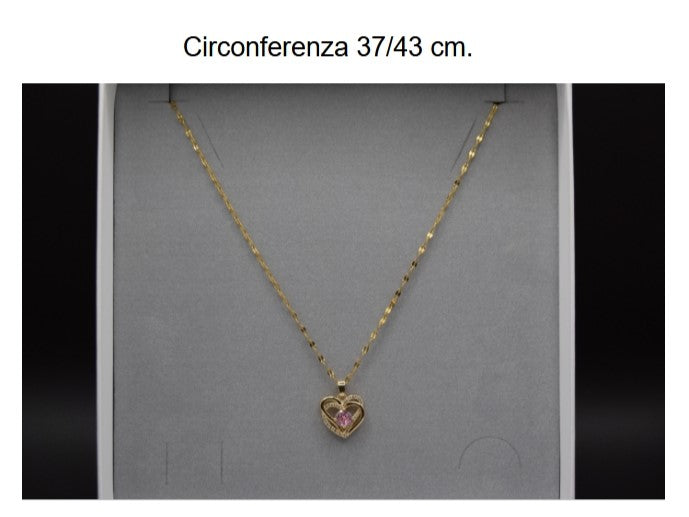Collana oro con cuore ricoperto di strass, collana con brillante zircone rosa centrale, regalo prezioso, un gioiello che parla al cuore.