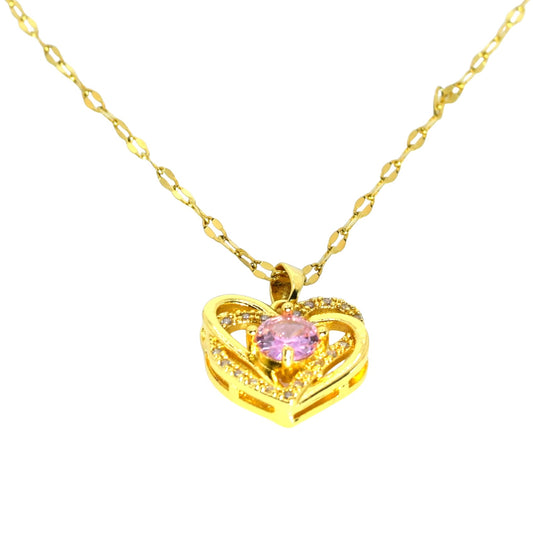 Collana oro con cuore ricoperto di strass, collana con brillante zircone rosa centrale, regalo prezioso, un gioiello che parla al cuore.