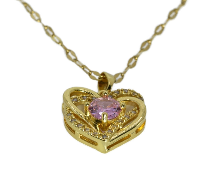 Collana Placcata Oro, con Cuore Ricoperto di Strass e 1 Zircone Rosa